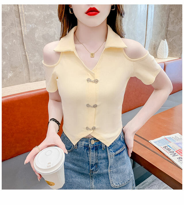 Retro Korea 2 Colors Off Shoulder Hooks Shirt Collar Tees5 Retro Korea 2 Colors Off Shoulder Hooks Shirt Collar Tees 2
