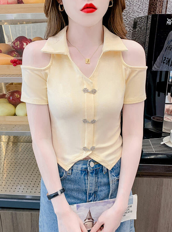 Retro Korea 2 Colors Off Shoulder Hooks Shirt Collar Tees6 Retro Korea 2 Colors Off Shoulder Hooks Shirt Collar Tees 1