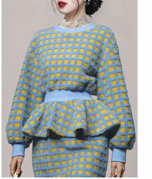 Retro Korea Color Block Plaids Flouncing Puff Sleeve Dress Set 4