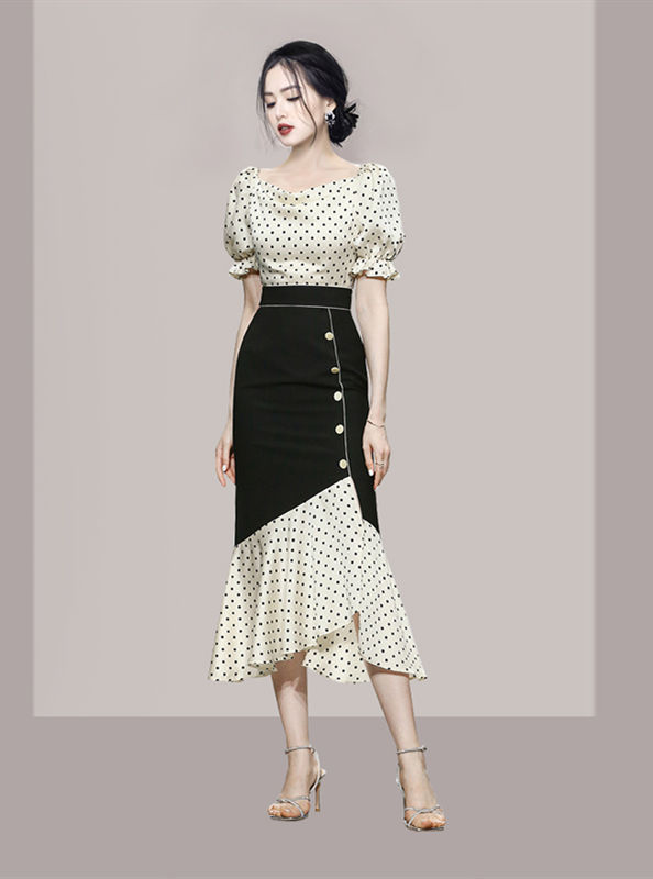 Retro Korea High Waist Dots Fishtail Puff Sleeve Dress Set Retro Korea High Waist Dots Fishtail Puff Sleeve Dress Set 5