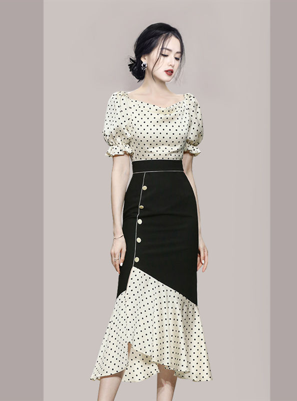 Retro Korea High Waist Dots Fishtail Puff Sleeve Dress Set2 Retro Korea High Waist Dots Fishtail Puff Sleeve Dress Set 4