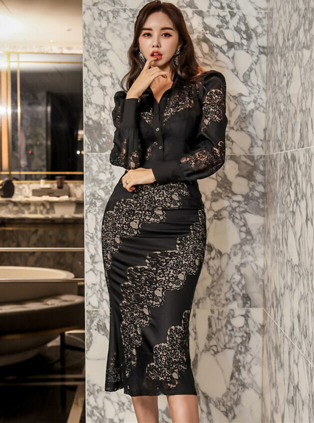 Retro Korea Shirt Collar High Waist Lace Slim Dress Set4 Retro Korea Shirt Collar High Waist Lace Slim Dress Set 1