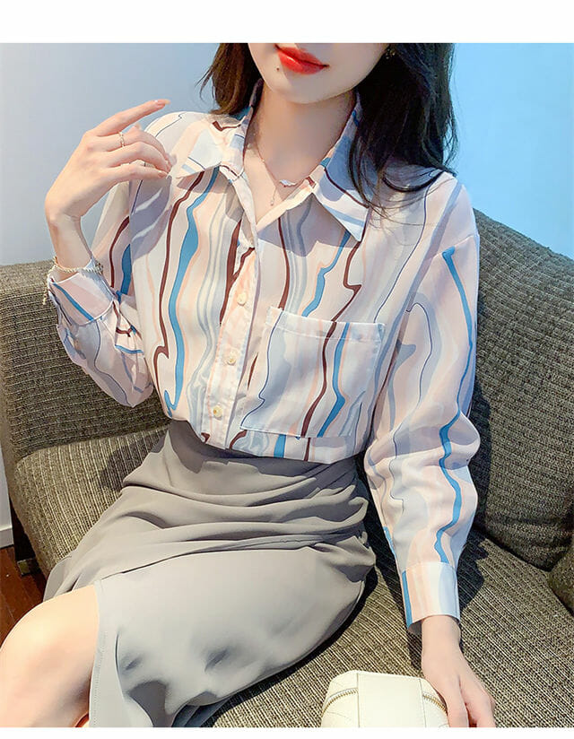 Retro Korea Shirt Collar Stripes Loosen Chiffon Blouse3 Retro Korea Shirt Collar Stripes Loosen Chiffon Blouse 3