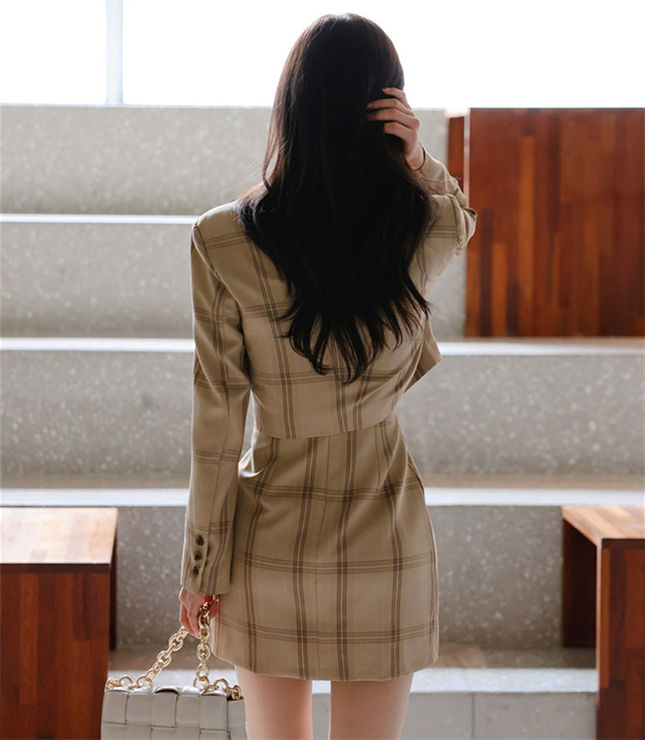 Retro Korea Tailored Collar Plaids Short Jacket With Straps Dress Retro Korea Tailored Collar Plaids Short Jacket with Straps Dress 5