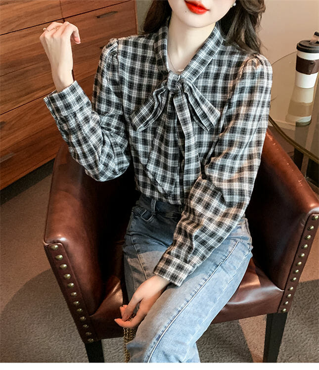 Retro Korea Tie Bowknot Collar Plaids Loosen Blouse Retro Korea Tie Bowknot Collar Plaids Loosen Blouse 5