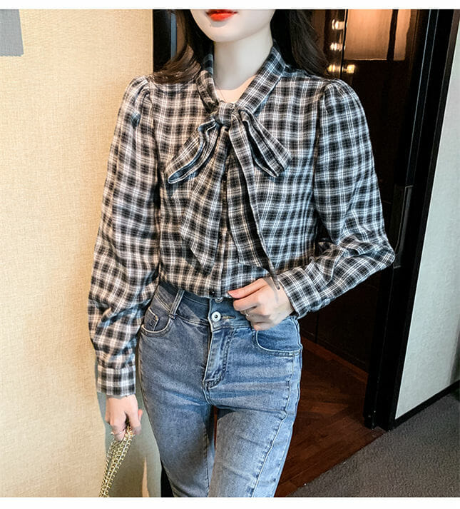 Retro Korea Tie Bowknot Collar Plaids Loosen Blouse2 Retro Korea Tie Bowknot Collar Plaids Loosen Blouse 4