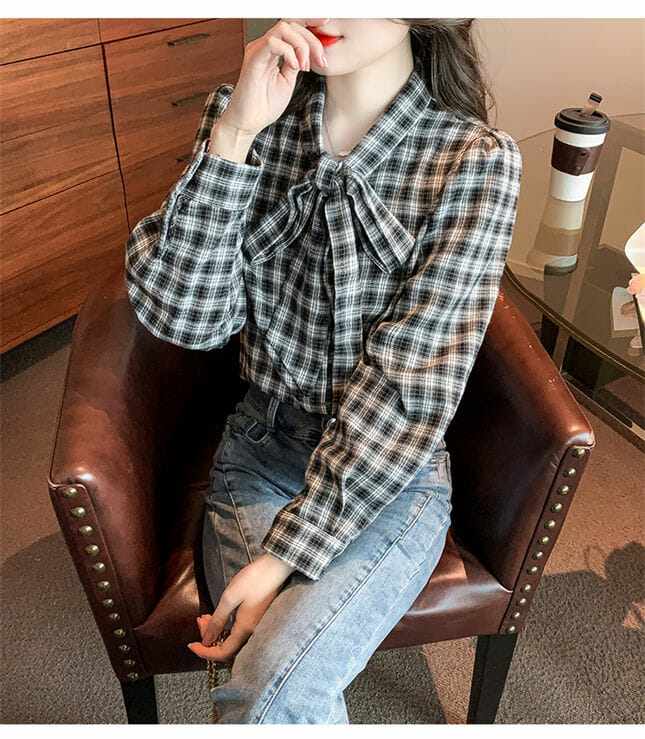Retro Korea Tie Bowknot Collar Plaids Loosen Blouse3 Retro Korea Tie Bowknot Collar Plaids Loosen Blouse 3