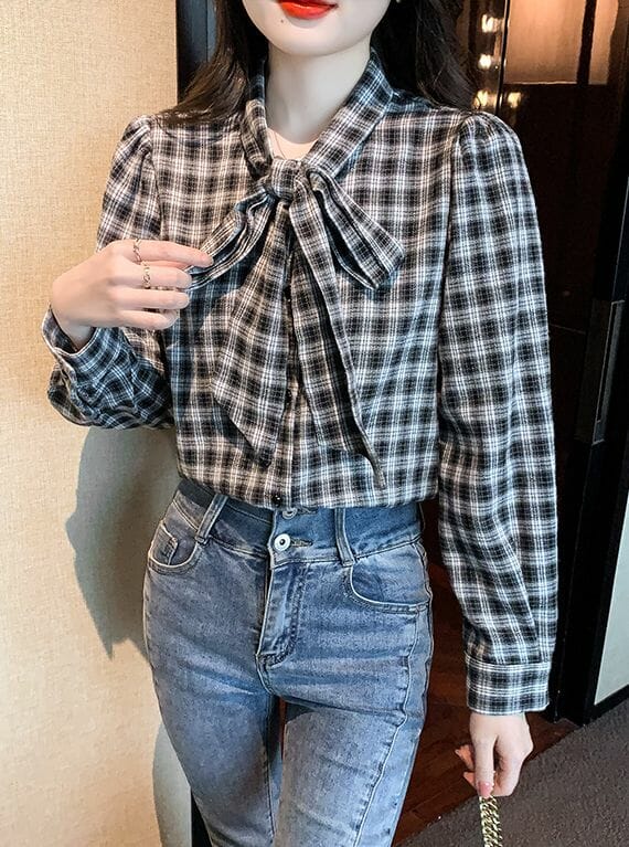 Retro Korea Tie Bowknot Collar Plaids Loosen Blouse5 Retro Korea Tie Bowknot Collar Plaids Loosen Blouse 1