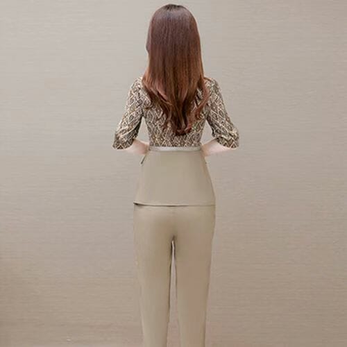 Retro Korea Tie Waist Flowers Blouse With Slim Long Pants1 Retro Korea Tie Waist Flowers Blouse with Slim Long Pants 4