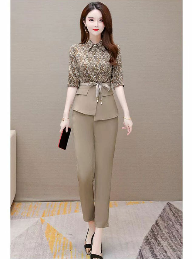 Retro Korea Tie Waist Flowers Blouse With Slim Long Pants2 Retro Korea Tie Waist Flowers Blouse with Slim Long Pants 3