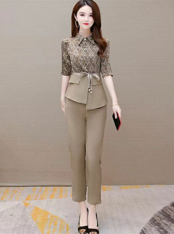 Retro Korea Tie Waist Flowers Blouse With Slim Long Pants4 Retro Korea Tie Waist Flowers Blouse with Slim Long Pants 1