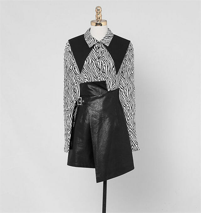 Retro Korea Zebra Stripes Shirt Collar Blouse With Leather Skirt Retro Korea Zebra Stripes Shirt Collar Blouse with Leather Skirt 5