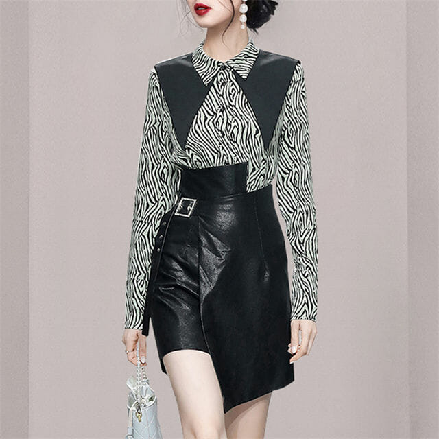 Retro Korea Zebra Stripes Shirt Collar Blouse With Leather Skirt1 Retro Korea Zebra Stripes Shirt Collar Blouse with Leather Skirt 4