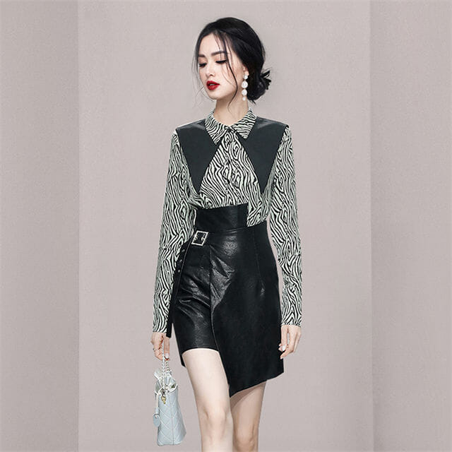 Retro Korea Zebra Stripes Shirt Collar Blouse With Leather Skirt2 Retro Korea Zebra Stripes Shirt Collar Blouse with Leather Skirt 3