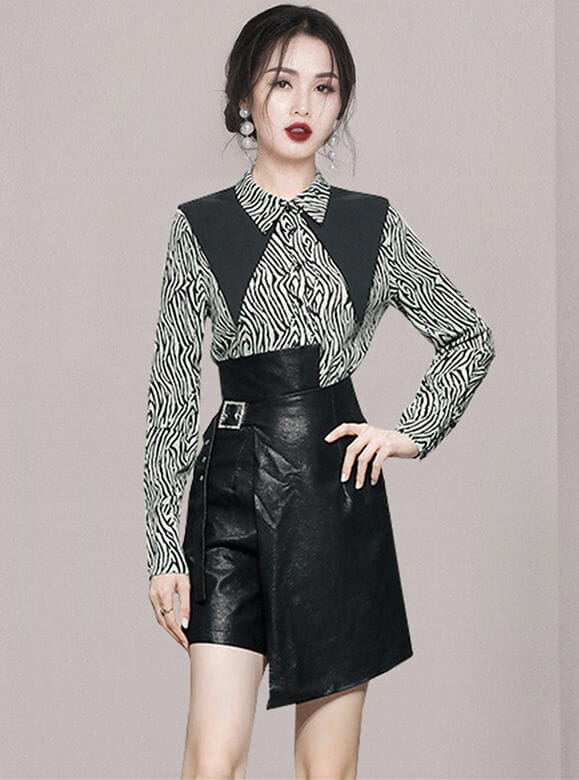 Retro Korea Zebra Stripes Shirt Collar Blouse With Leather Skirt4 Retro Korea Zebra Stripes Shirt Collar Blouse with Leather Skirt 1