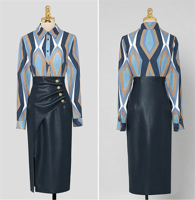 Retro Ol Color Block Blouse With Pleated Slim Leather Skirt Retro OL Color Block Blouse with Pleated Slim Leather Skirt 5