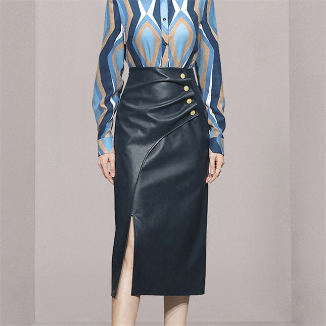 Retro Ol Color Block Blouse With Pleated Slim Leather Skirt2 Retro OL Color Block Blouse with Pleated Slim Leather Skirt 4