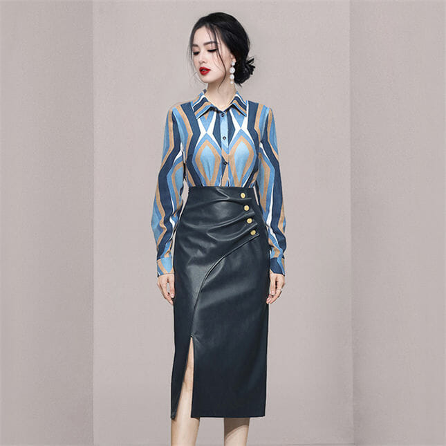 Retro Ol Color Block Blouse With Pleated Slim Leather Skirt4 Retro OL Color Block Blouse with Pleated Slim Leather Skirt 2