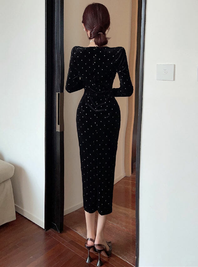 Retro Ol Fashion Square Collar Dots Split Velvet Dress Retro OL Fashion Square Collar Dots Split Velvet Dress 5