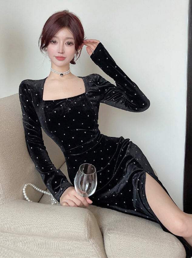 Retro Ol Fashion Square Collar Dots Split Velvet Dress2 Retro OL Fashion Square Collar Dots Split Velvet Dress 4