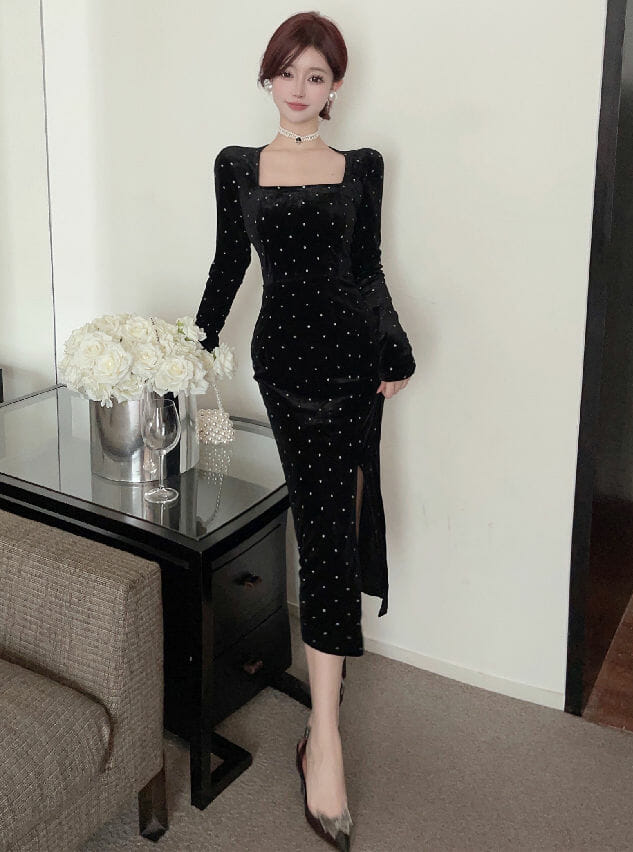 Retro Ol Fashion Square Collar Dots Split Velvet Dress3 Retro OL Fashion Square Collar Dots Split Velvet Dress 3