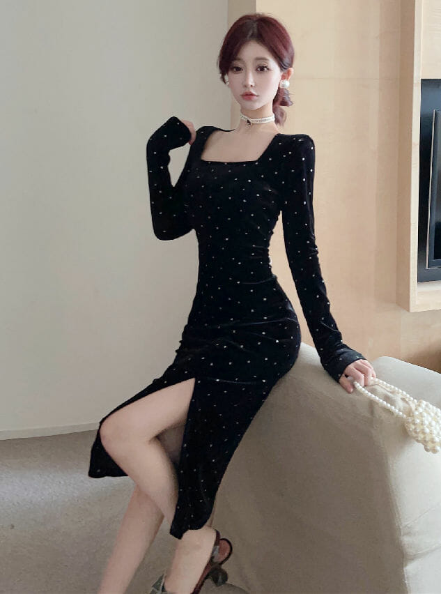 Retro Ol Fashion Square Collar Dots Split Velvet Dress4 Retro OL Fashion Square Collar Dots Split Velvet Dress 2