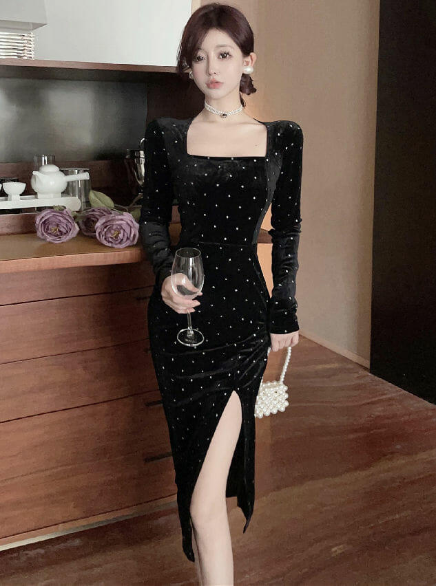 Retro Ol Fashion Square Collar Dots Split Velvet Dress5 Retro OL Fashion Square Collar Dots Split Velvet Dress 1