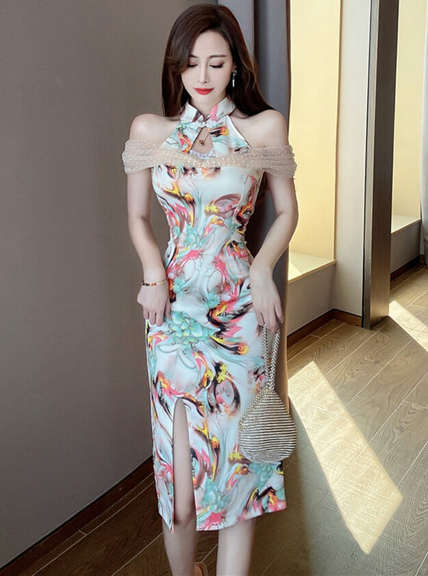 Retro Off Shoulder Flowers Slim Cheongsam Dress5 Retro Off Shoulder Flowers Slim Cheongsam Dress 1