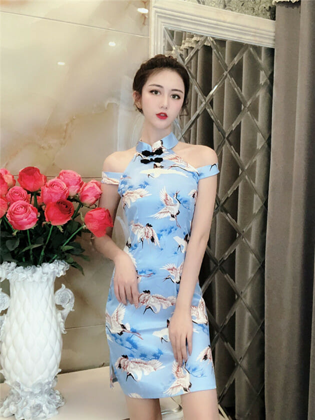 Retro Sexy 2 Colors Off Shoulder Crane Printings Slim Dress5 Retro Sexy 2 Colors Off Shoulder Crane Printings Slim Dress 2