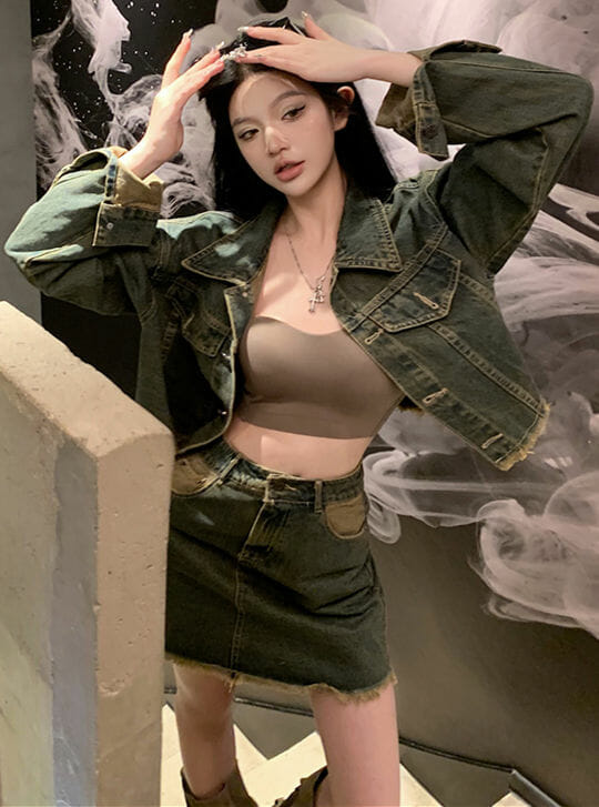 Retro Street Fashion Faded Denim Short Jacket With Skirt Retro Street Fashion Faded Denim Short Jacket with Skirt 1