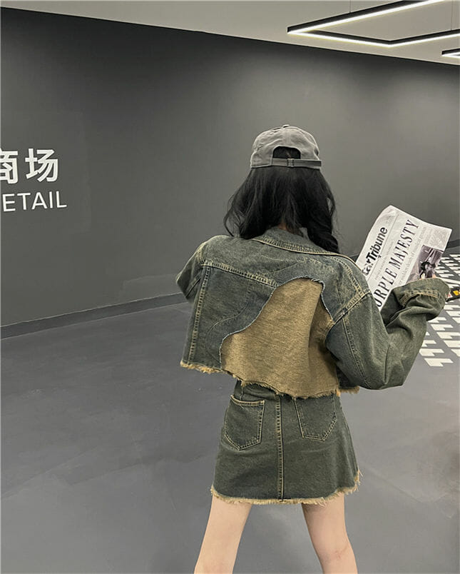Retro Street Fashion Faded Denim Short Jacket With Skirt4 Retro Street Fashion Faded Denim Short Jacket with Skirt 5