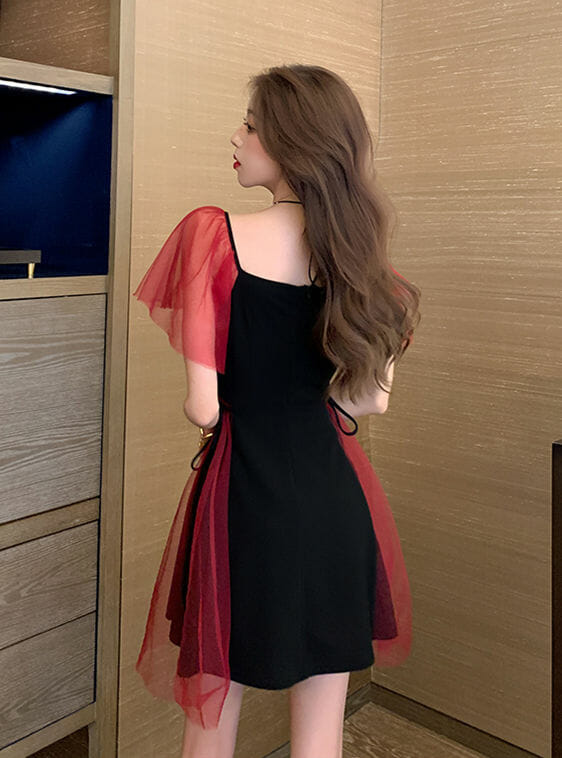 Retro Stylish Color Block V-Neck Tie Waist Gauze Fluffy Dress Retro Stylish Color Block V-neck Tie Waist Gauze Fluffy Dress 5