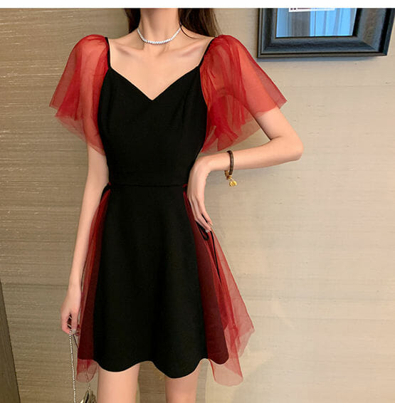 Retro Stylish Color Block V-Neck Tie Waist Gauze Fluffy Dress2 Retro Stylish Color Block V-neck Tie Waist Gauze Fluffy Dress 4