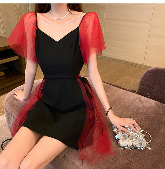 Retro Stylish Color Block V-Neck Tie Waist Gauze Fluffy Dress3 Retro Stylish Color Block V-neck Tie Waist Gauze Fluffy Dress 3