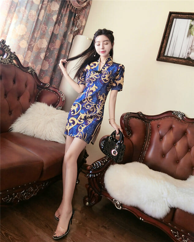 Retro Stylish Stand Collar Flowers Slim Dress Retro Stylish Stand Collar Flowers Slim Dress 5