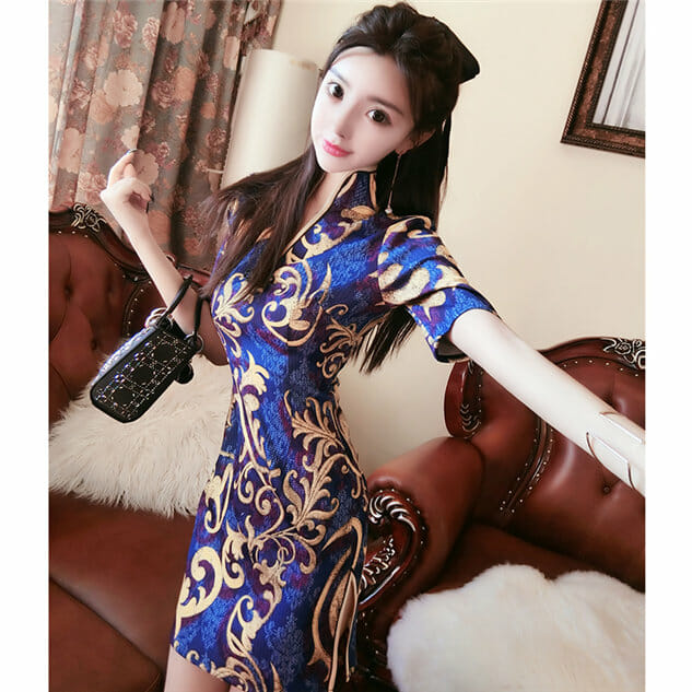 Retro Stylish Stand Collar Flowers Slim Dress3 Retro Stylish Stand Collar Flowers Slim Dress 3