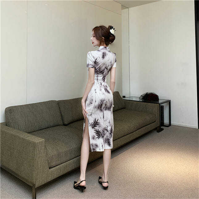 Retro Women Bamboo Printings Split Slim Cheongsam Dress Retro Women Bamboo Printings Split Slim Cheongsam Dress 5