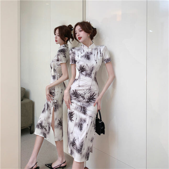 Retro Women Bamboo Printings Split Slim Cheongsam Dress2 Retro Women Bamboo Printings Split Slim Cheongsam Dress 4