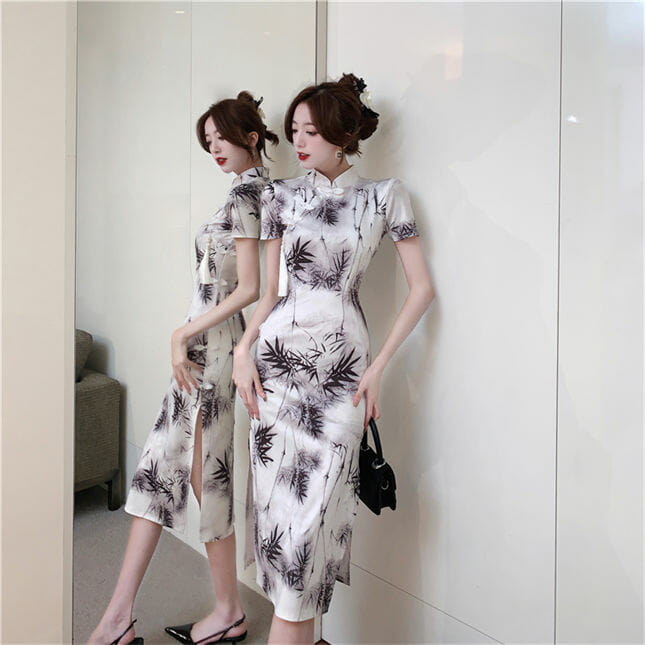 Retro Women Bamboo Printings Split Slim Cheongsam Dress3 Retro Women Bamboo Printings Split Slim Cheongsam Dress 3