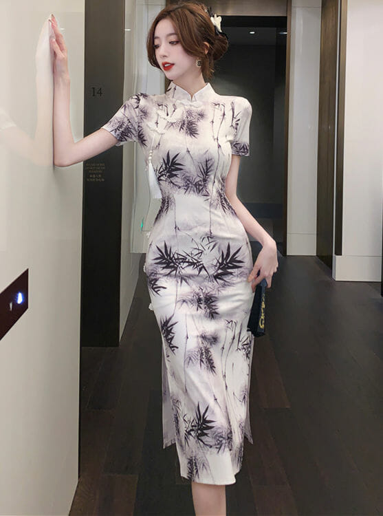 Retro Women Bamboo Printings Split Slim Cheongsam Dress5 Retro Women Bamboo Printings Split Slim Cheongsam Dress 1
