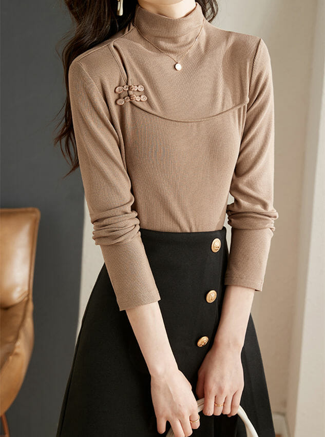 Retro Women Fashion Stand Collar Flocking Cotton T-Shirt2 Retro Women Fashion Stand Collar Flocking Cotton T-shirt 4