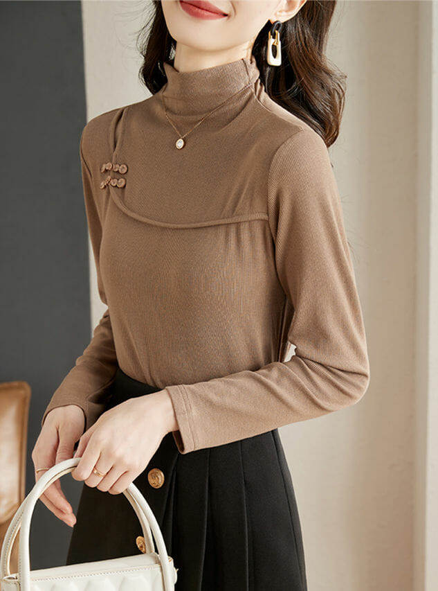 Retro Women Fashion Stand Collar Flocking Cotton T-Shirt3 Retro Women Fashion Stand Collar Flocking Cotton T-shirt 3