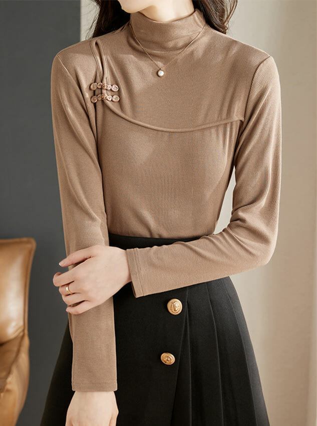 Retro Women Fashion Stand Collar Flocking Cotton T-Shirt5 Retro Women Fashion Stand Collar Flocking Cotton T-shirt 1