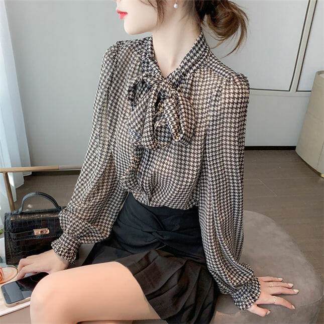 Retro Women Fashion Tie Collar Houndstooth Loosen Blouse Retro Women Fashion Tie Collar Houndstooth Loosen Blouse 5