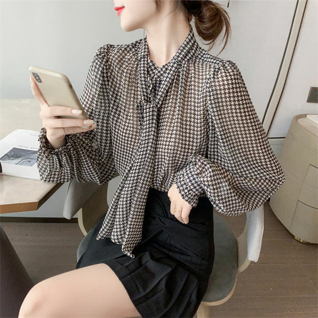 Retro Women Fashion Tie Collar Houndstooth Loosen Blouse2 Retro Women Fashion Tie Collar Houndstooth Loosen Blouse 4