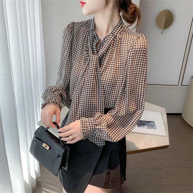 Retro Women Fashion Tie Collar Houndstooth Loosen Blouse3 Retro Women Fashion Tie Collar Houndstooth Loosen Blouse 3