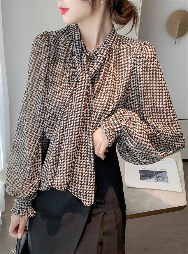 Retro Women Fashion Tie Collar Houndstooth Loosen Blouse5 Retro Women Fashion Tie Collar Houndstooth Loosen Blouse 1