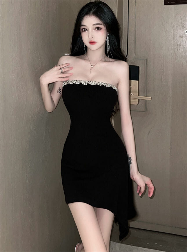 Sexy Fashion Rhinestones Strapless Sloping Cotton Dress5 Sexy Fashion Rhinestones Strapless Sloping Cotton Dress 1