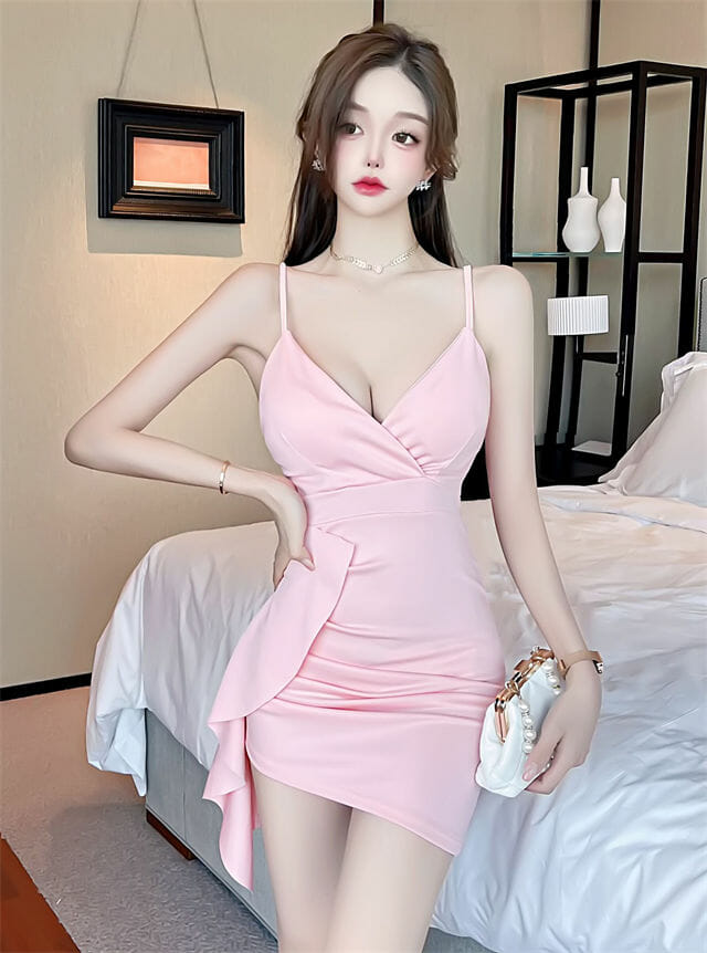 Sexy Girls 4 Colors V-Neck Flouncing Slim Straps Dress6 Sexy Girls 4 Colors V-neck Flouncing Slim Straps Dress 1