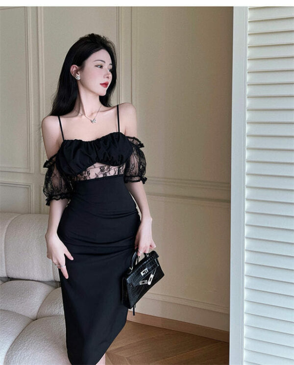 Sexy Lace Splicing Pleated Skinny Straps Dress  Seoulinspired